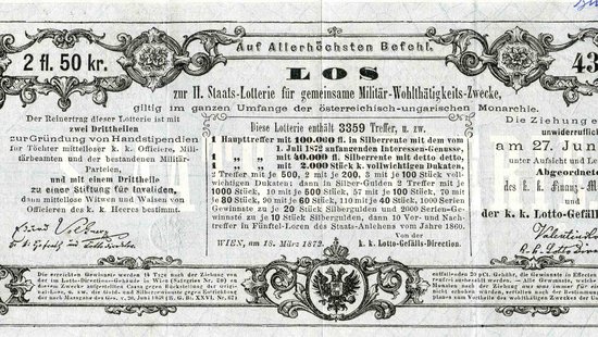 Íme egy német nyelvű Habsburg birodalmi sorsjegy. Sokáig mi magyarok is csak ilyennel indulhattunk a szerencsénk után. Ajánlókép